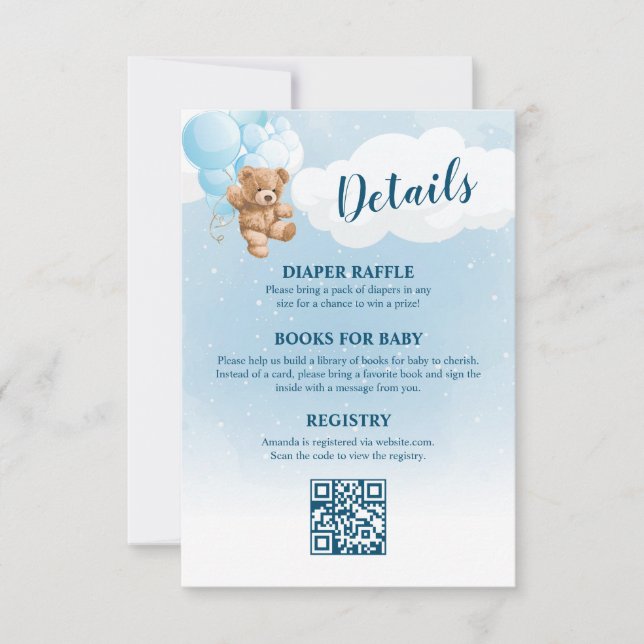 Invitación Detalles de Baby Shower de Blue Teddy Bear (Anverso)