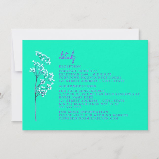 Invitación Detalles de Boda Alojamiento Neon Azul (Anverso)