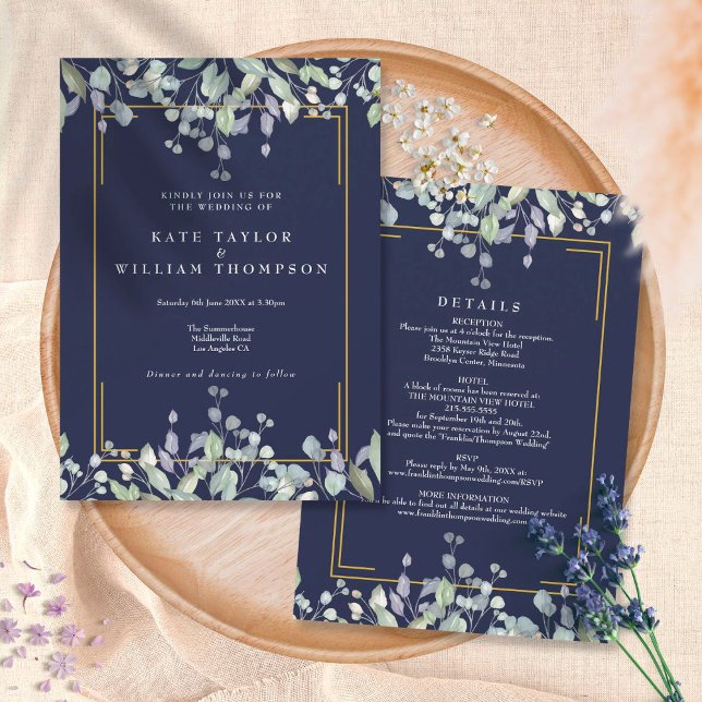 Invitación Detalles de boda azul marino floral lila todo en u (Subido por el creador)