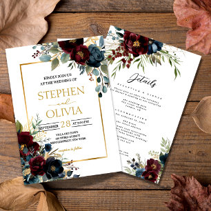 Invitación Detalles de boda con florecimiento floral burgundy