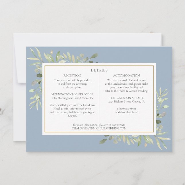 Invitación Detalles de Boda de Azul Polvoriento con Vegetació (Anverso)