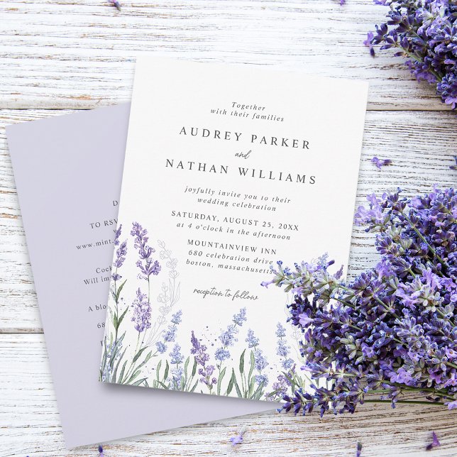 Invitación Detalles de boda de campo de lavanda con acuarela  (Elegant Watercolor Lavender Field Details Wedding Invitation)