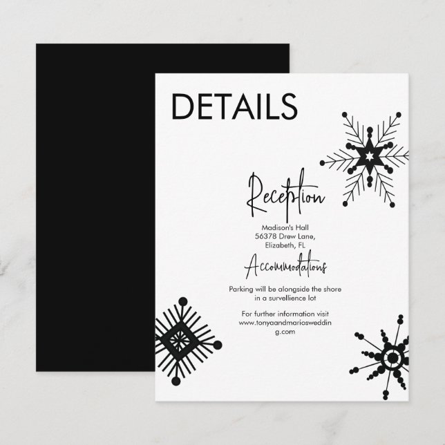 Invitación Detalles de Boda de Copo de Nieve Negro Moderno (Anverso / Reverso)