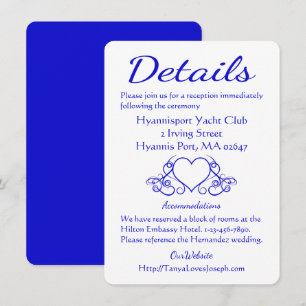 Invitación Detalles de Boda de Corazón Azul Cobalto