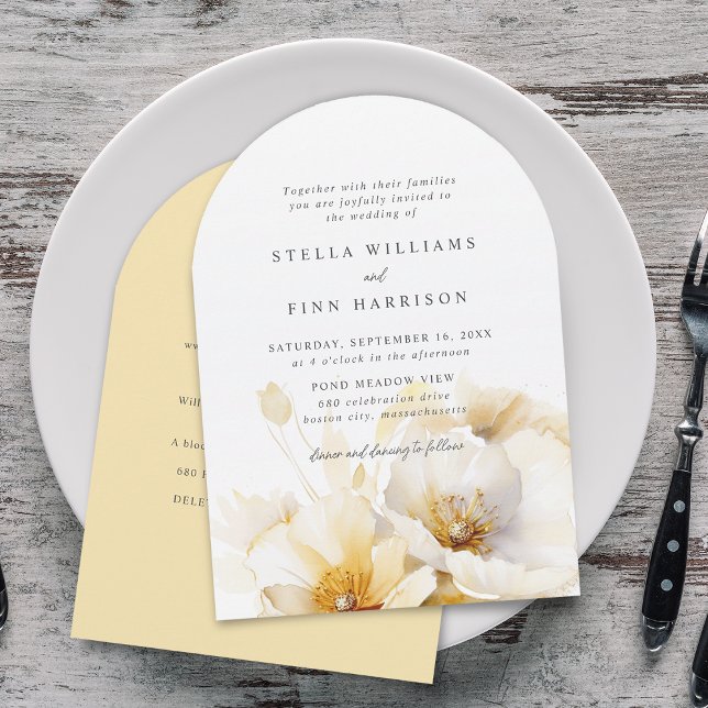 Invitación Detalles de boda de flores de oro blanco elegante (Elegant White Yellow Gold Flowers Details Wedding Invitation)