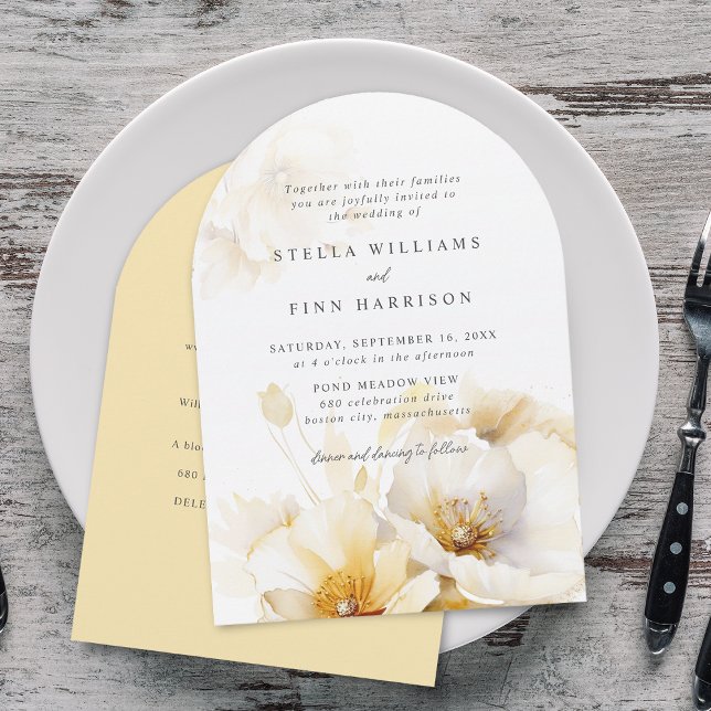 Invitación Detalles de boda de flores de oro blanco elegante (Elegant White Yellow Gold Flowers Details Wedding Invitation)
