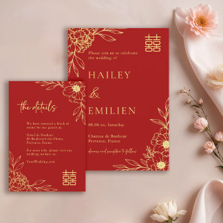 Invitación Detalles de boda de flores de peonía rojas moderna