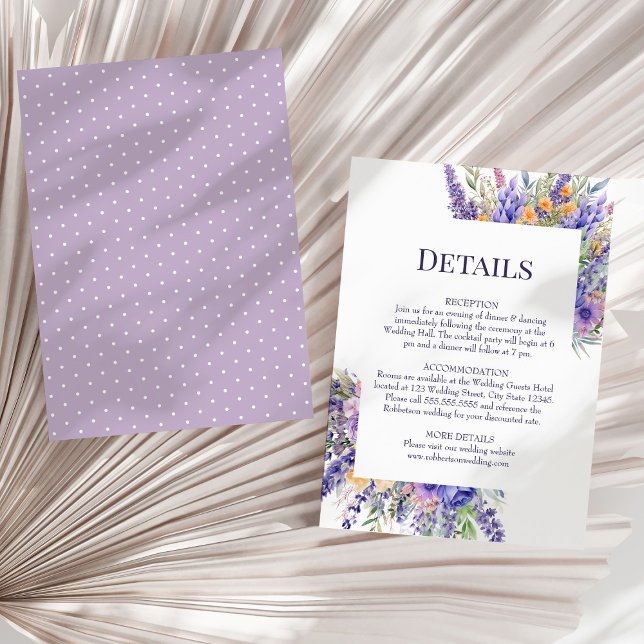 Invitación Detalles de Boda de Flores Silvestres de Acuarela  (Boho Lilac Watercolor Wildflowers Wedding Details Invitation on a sunny neutral dry palm leaf.)