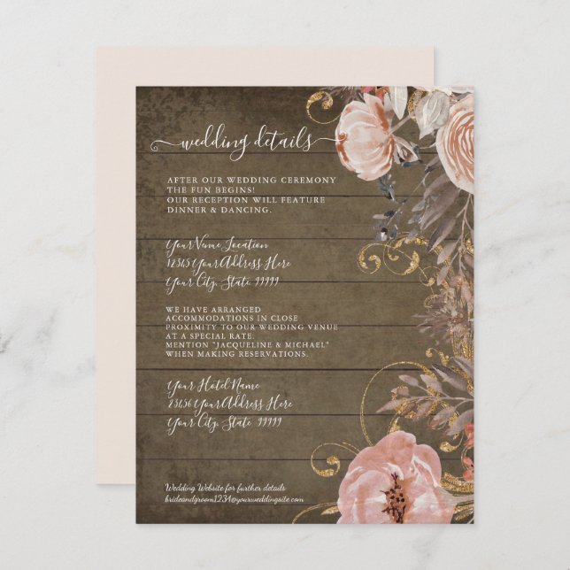 Invitación Detalles de Boda de Madera Rústica con Floral Rosa (Anverso / Reverso)