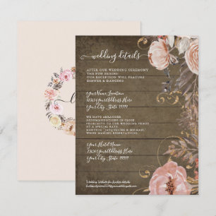 Invitación Detalles de Boda de Madera Rústica con Floral Rosa