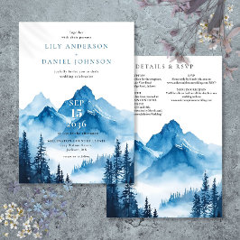 Invitación Detalles de boda de montaña en azul rústico con ac