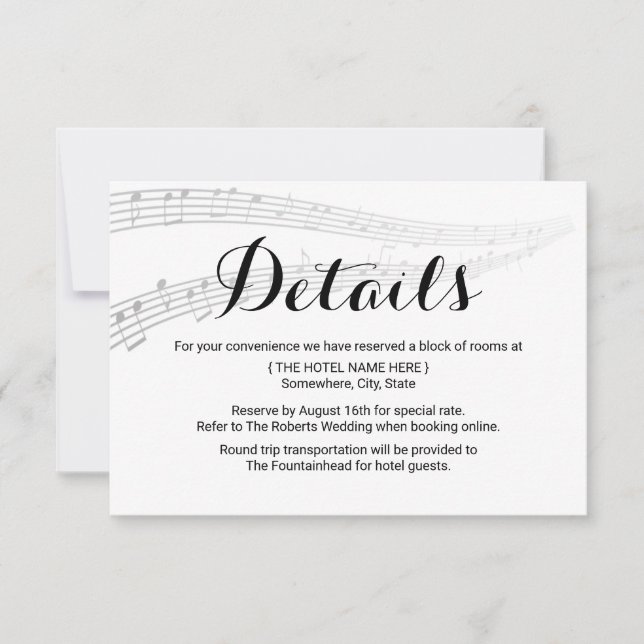Invitación Detalles de boda de música elegante Alojamiento (Anverso)