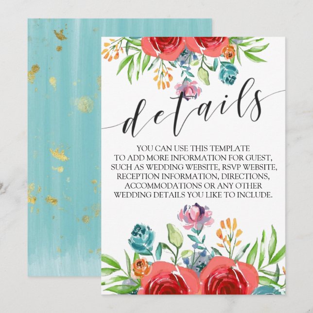 Invitación Detalles de boda de rosas acuarela rojo teal naran (Anverso / Reverso)