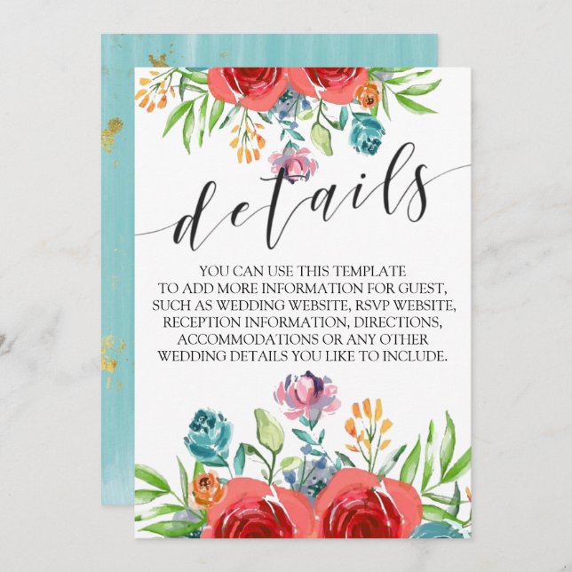 Invitación Detalles de boda de rosas acuarela teal rojo naran (Anverso / Reverso)