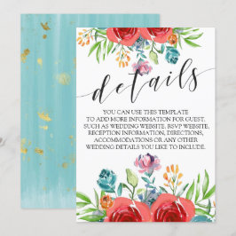 Invitación Detalles de Boda de Rosas Acuarela Teal Rojo Naran