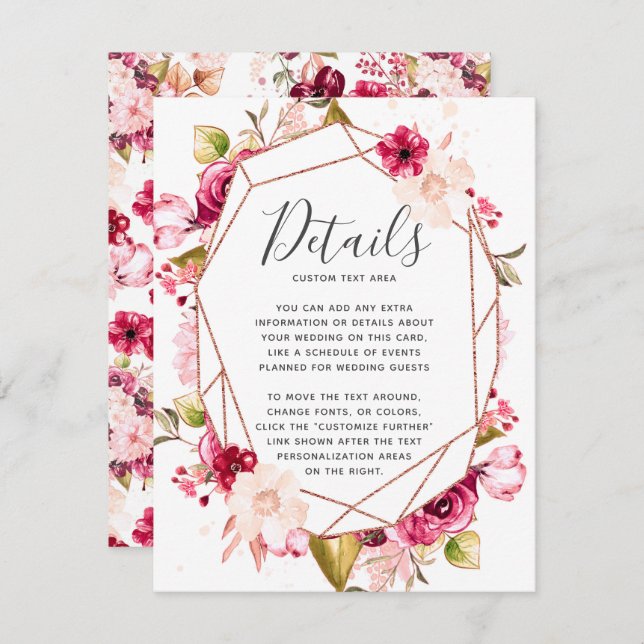 Invitación Detalles de Boda de Terrario Geométrico de Burdeos (Anverso / Reverso)