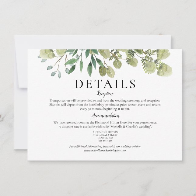 Invitación Detalles de boda elegantes con greenery en acuarel (Anverso)