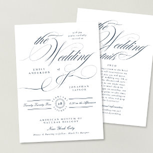 Invitación Detalles de boda en azul marino con caligrafía ele