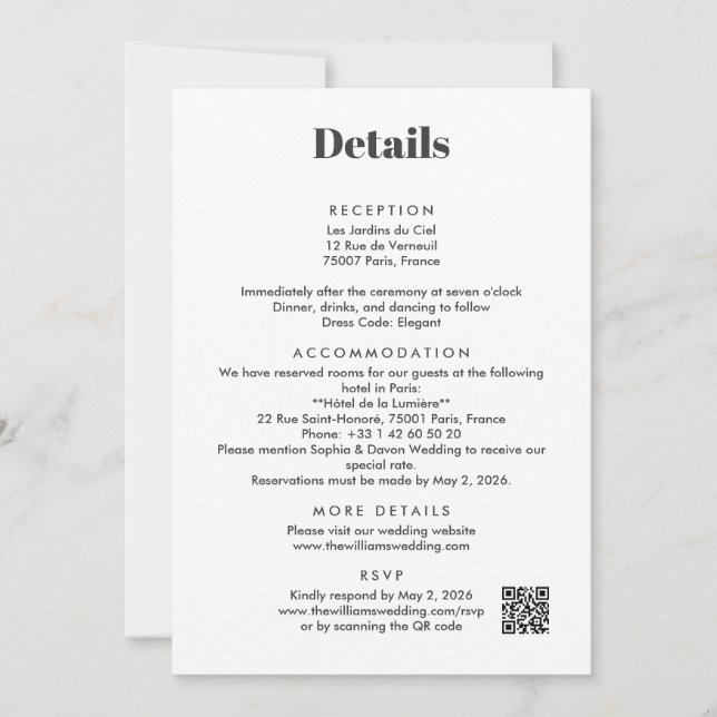 Invitación Detalles de Boda en París Adjuntos (Anverso)