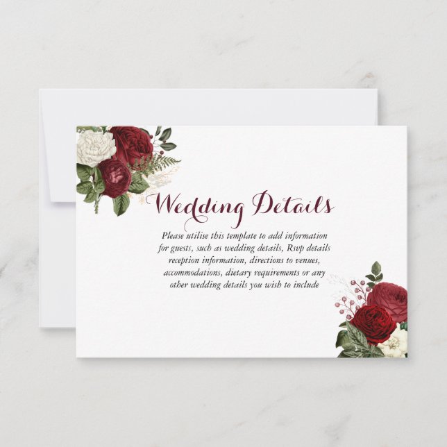 Invitación Detalles de Boda Floral Rojo Burgundy Romántico (Anverso)