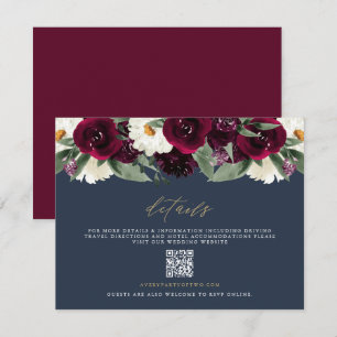 Invitación Detalles de Boda Floral Rosa Burgundy y Azul Marin