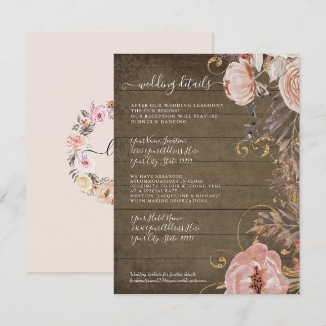 Invitación Detalles de Boda Rústicos de Madera con Rosas y Do (Anverso / Reverso)