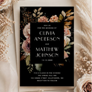 Invitación Detalles de código QR de boda floral negra elegant