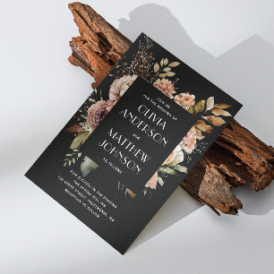 Invitación Detalles de código QR de boda floral negra elegant