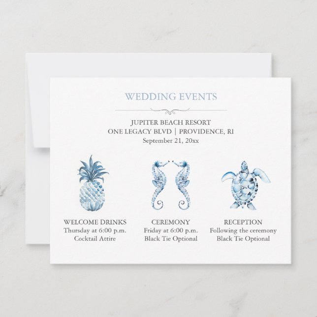 Invitación Detalles de Evento de Boda en Playa Azul con Códig (Anverso)
