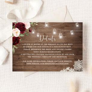 Invitación Detalles de Floral Rustic Burgundy Wood String