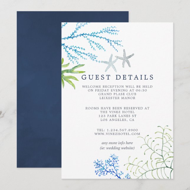 Invitación Detalles de Invitado de Boda en Playa con Algas Ma (Anverso / Reverso)