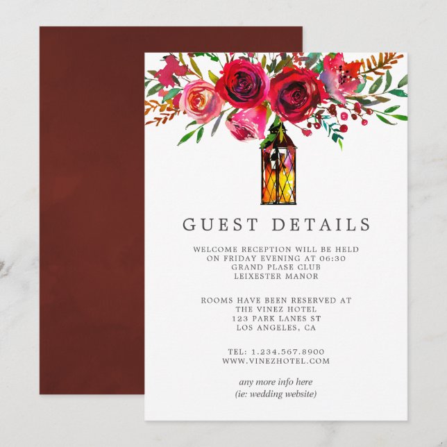 Invitación Detalles de invitado de Boda floral acuarela (Anverso / Reverso)