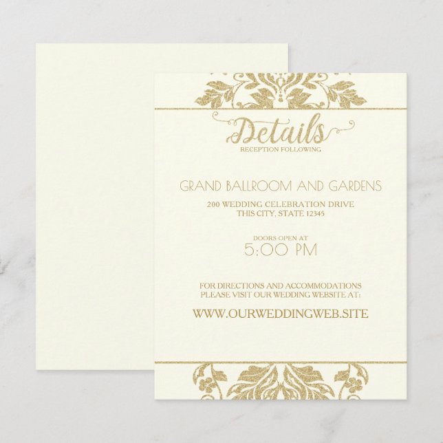 Invitación Detalles de la boda con damasco de marfil y oro (Anverso / Reverso)
