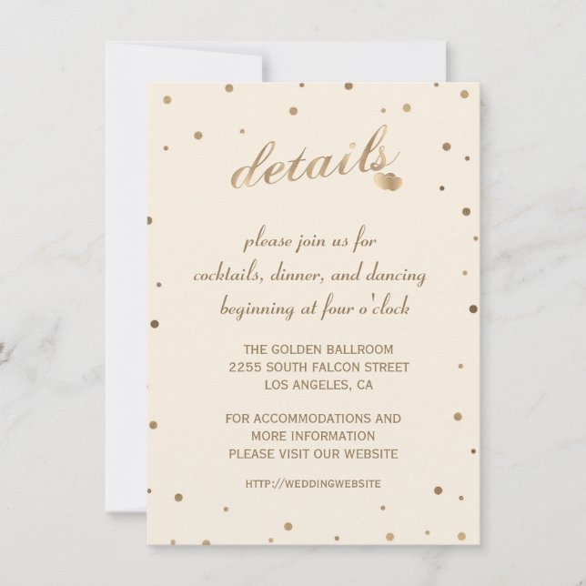 Invitación Detalles de la boda de Champagne con confeti dorad (Anverso)