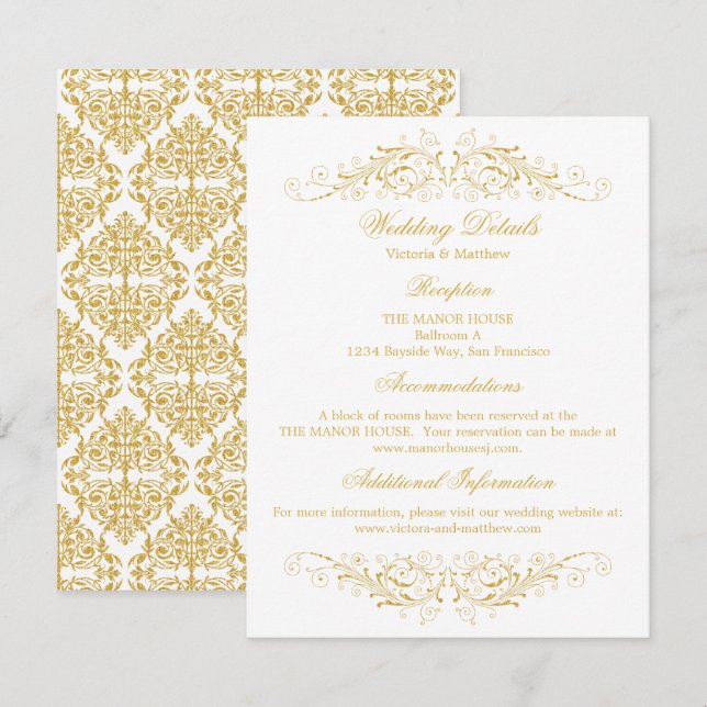 Invitación Detalles de la boda de Damask Flourish Gold Faux (Anverso / Reverso)