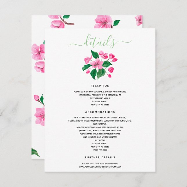Invitación Detalles de la boda de flor de cerezo Enclosure (Anverso / Reverso)