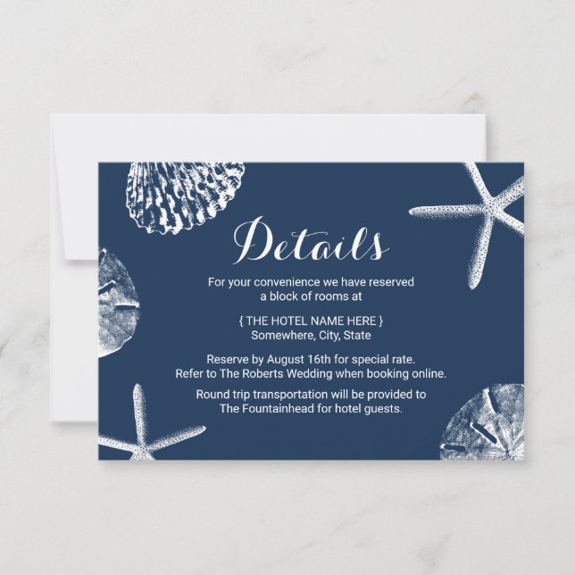 Invitación Detalles de la boda de la Marina Blue Seashells Be (Anverso)