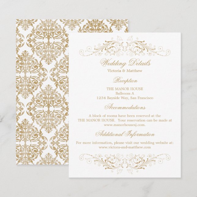 Invitación Detalles de la elegante boda de Damask con flores  (Anverso / Reverso)