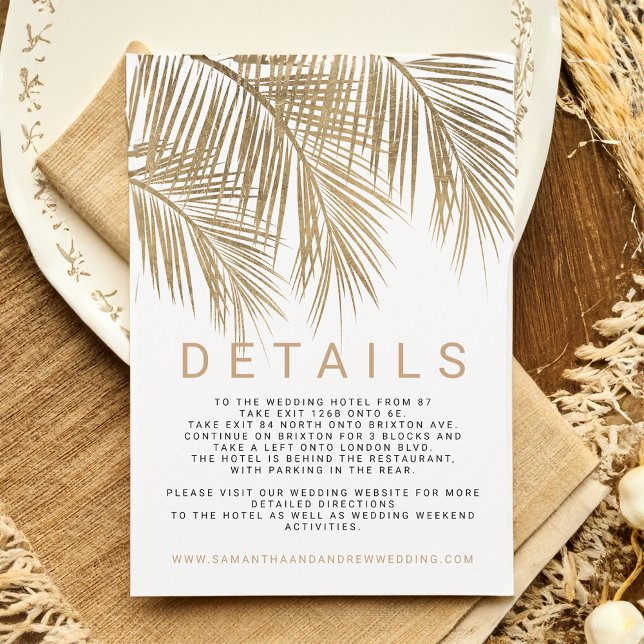 Invitación Detalles de la elegante boda de la flauta palmera  (Modern faux gold palm tree elegant wedding details invitation)