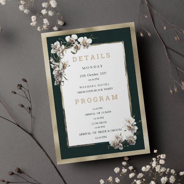 Invitación Detalles de la orquídea elegante dorada verde oscu (Gold dark green white elegant orchid Details)