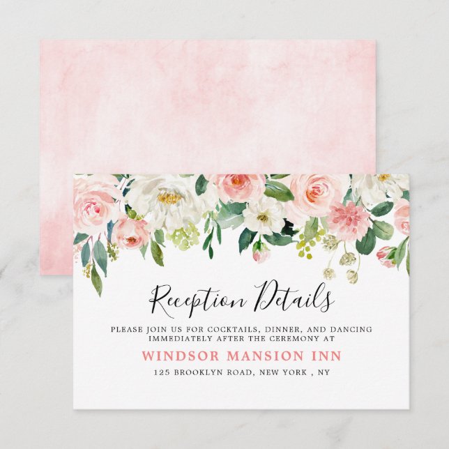 Invitación Detalles de la recepción botánica de Rubor Pink Fl (Anverso / Reverso)
