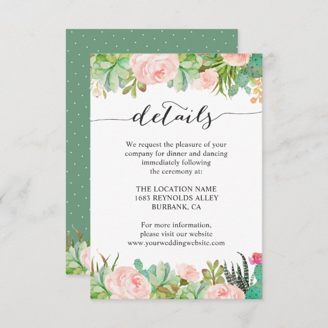 Invitación Detalles de la recepción de boda de cactus suculen (Anverso / Reverso)