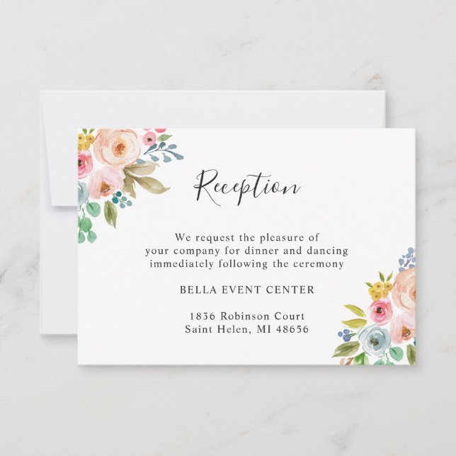 Invitación Detalles de la recepción de boda floral de acuarel (Anverso)