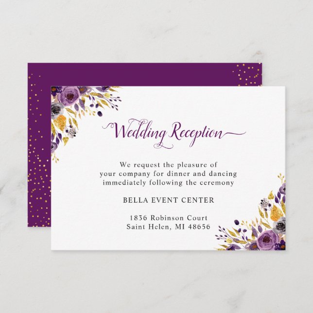 Invitación Detalles de la recepción de boda floral dorada y m (Anverso / Reverso)