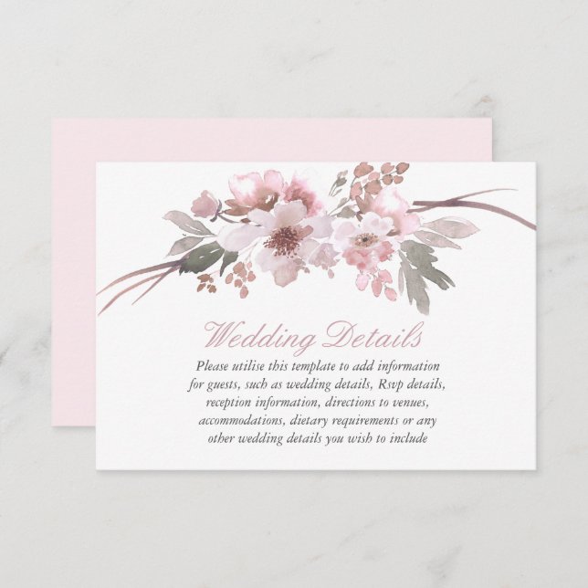 Invitación Detalles de la recepción de boda floral rosa y gri (Anverso / Reverso)