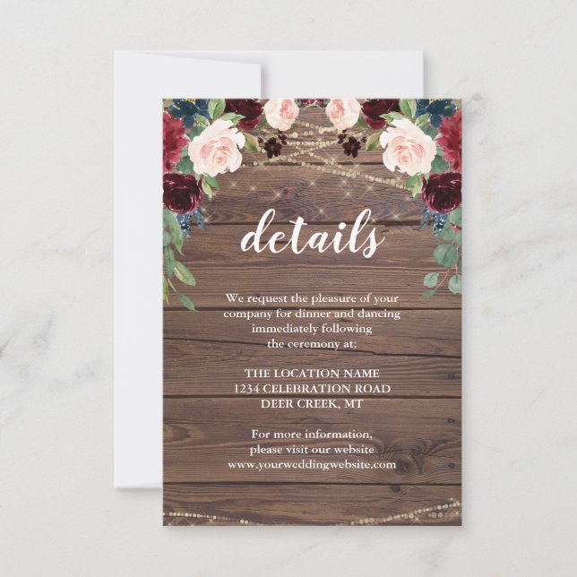 Invitación Detalles de la recepción de boda Marsala de madera (Anverso)