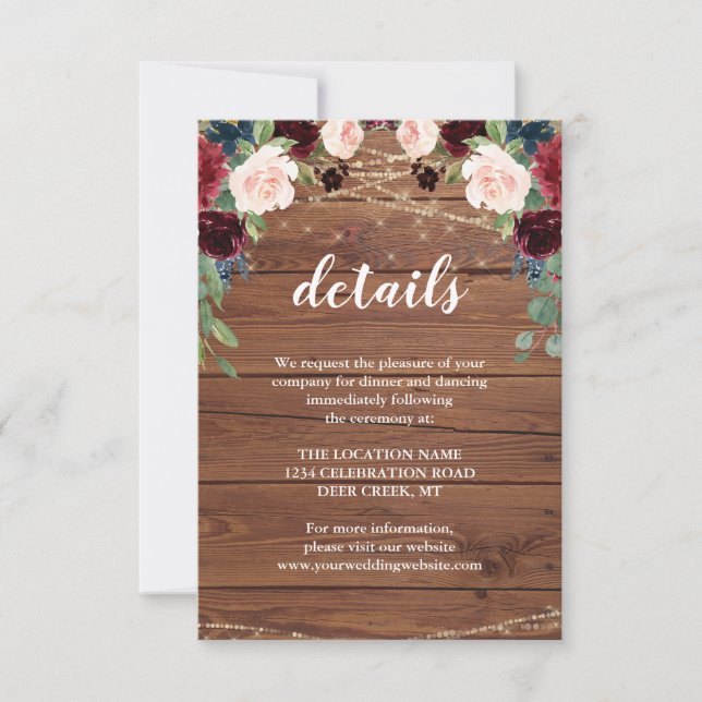Invitación Detalles de la recepción de boda rústica de madera (Anverso)