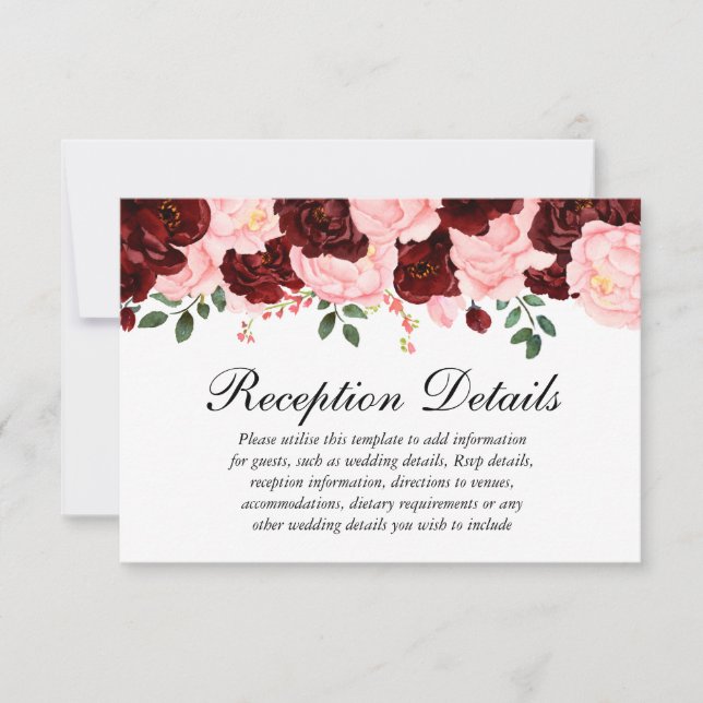 Invitación Detalles de la recepción de la boda floral rosa de (Anverso)