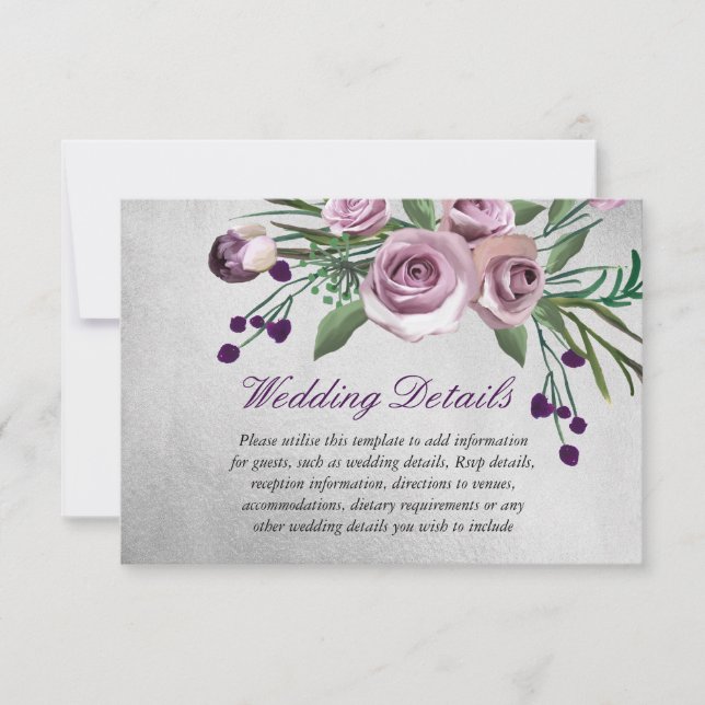 Invitación Detalles de la recepción de la boda plateada Rosa  (Anverso)
