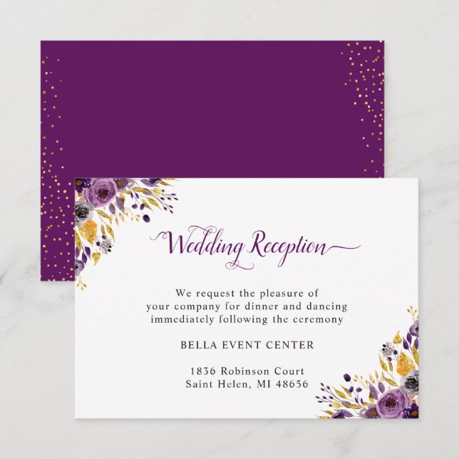Invitación Detalles de la recepción de Plum Purple Gold Flora (Anverso / Reverso)